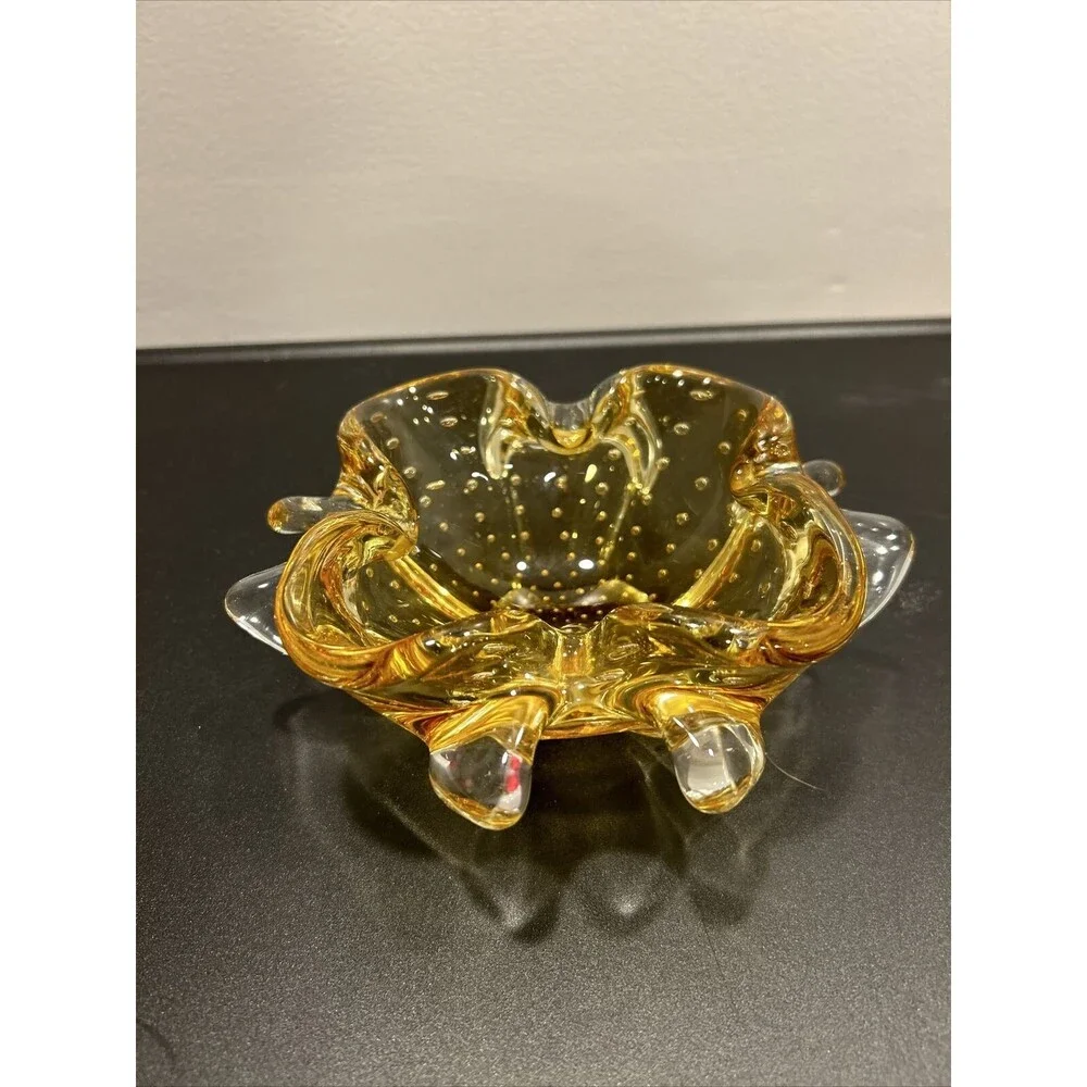 Murano Yellow Bullicante Controlled Bubble Art Glass Bowl Trinket Dish Bowl Big